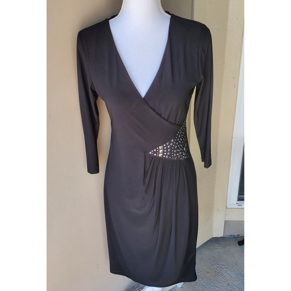 Metaphor Faux Wrap Dress Womens 6 Black Silver Studded 3/4 Sleeve V Neck Ladies